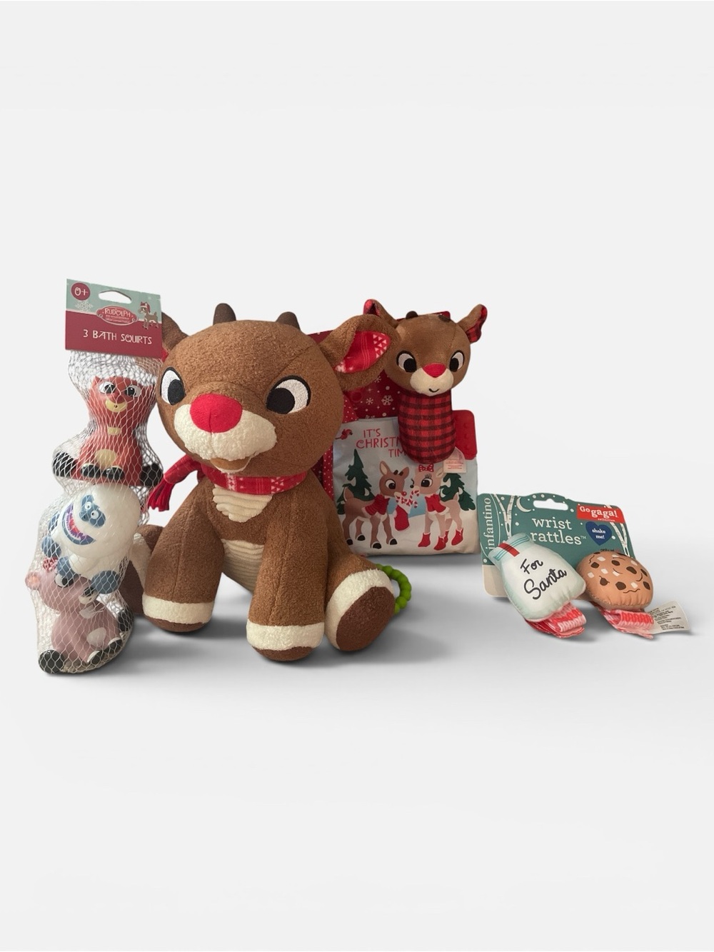 NWT Rudolph Reindeer Infantino Christmas Baby Toy Lot Bath Squirts Wrist Rattles
